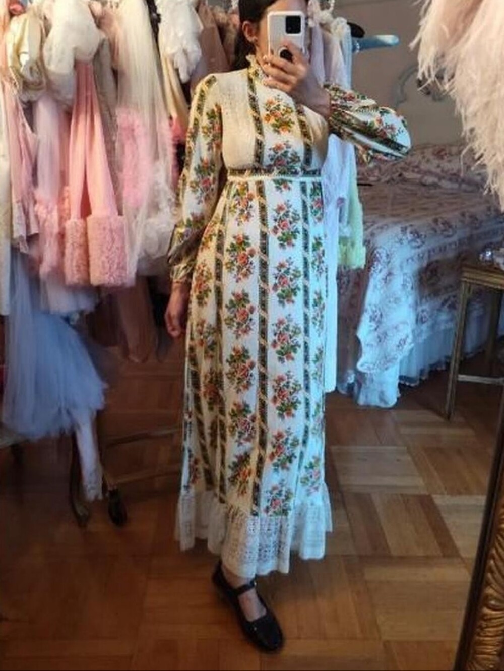 Vintage Filene's Lanz Originals lightweight cotton floral Prairie maxi dress szS